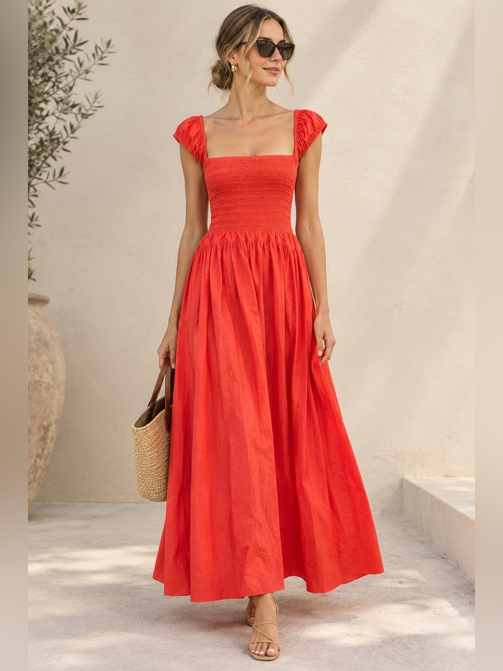 La Ligne Coral Red Smocked Square Neck Puff Sleeve Maxi Dress size XS